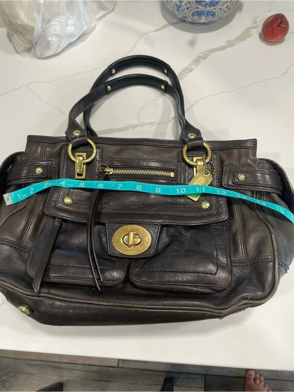 Coach Black Leather Handbag with Purple Lining